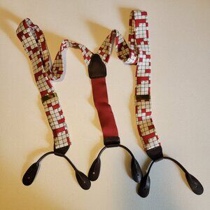 Vintage Portfolio Perry Ellis Silk Suspenders Red White Crossword Brass Leather